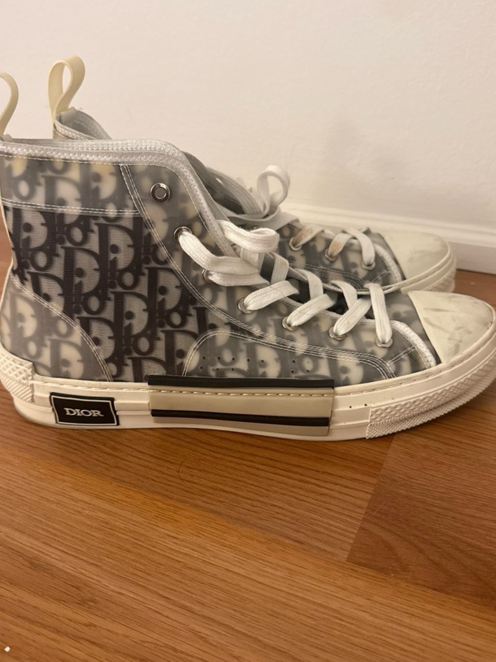 Dior High-Top Sneaker with Monogram Overlay in Gray, White and Cream